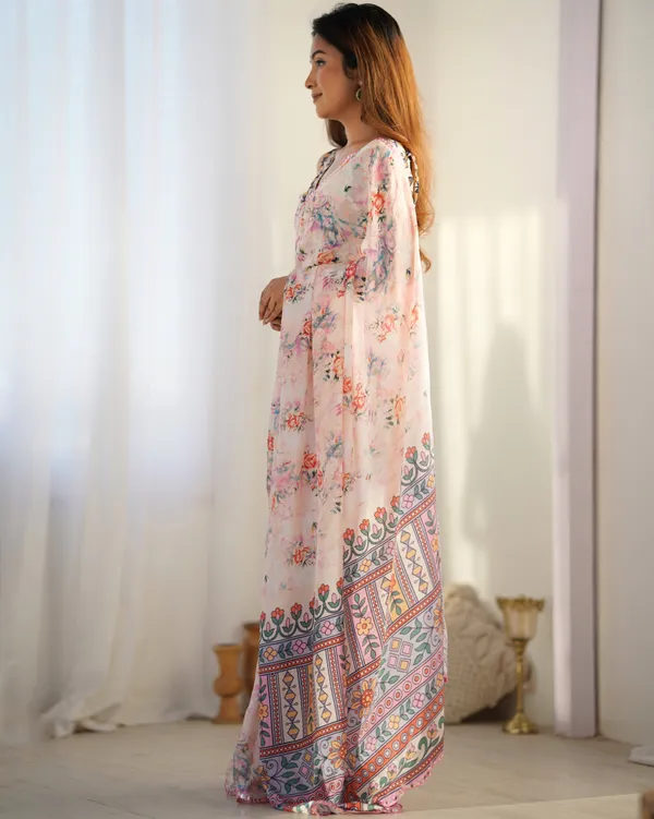 Blush Pink Floral Printed Chinon Saree for Women