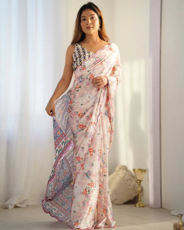 Blush Pink Floral Printed Chinon Saree for Women