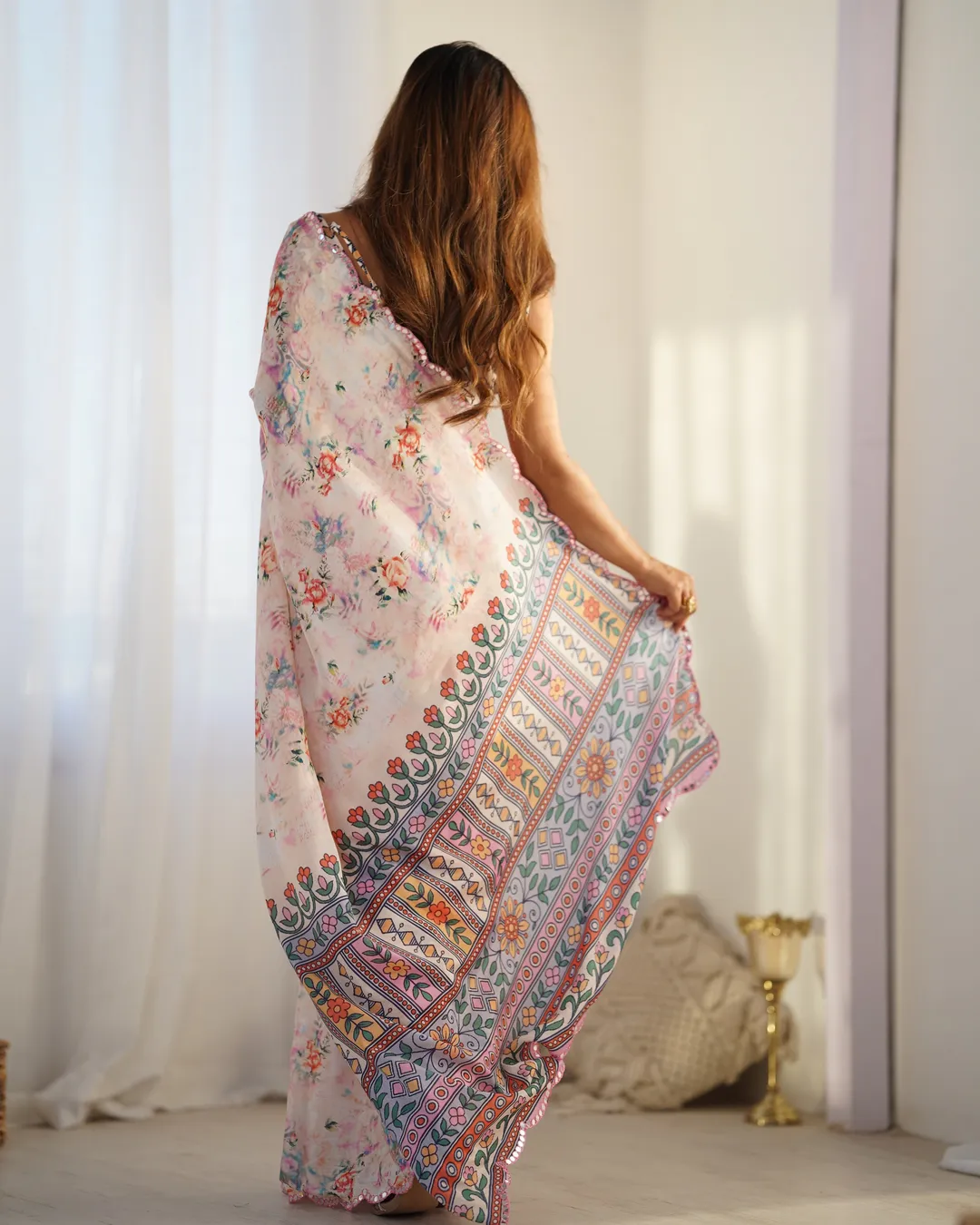 Blush Pink Floral Printed Chinon Saree for Women