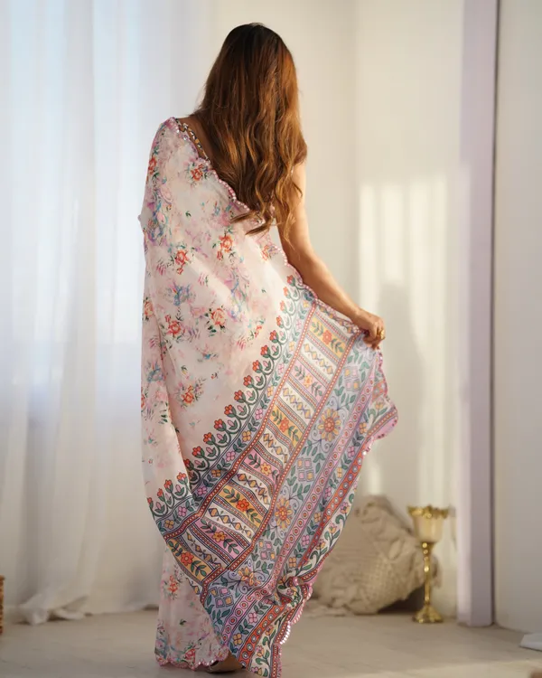 Blush Pink Floral Printed Chinon Saree for Women