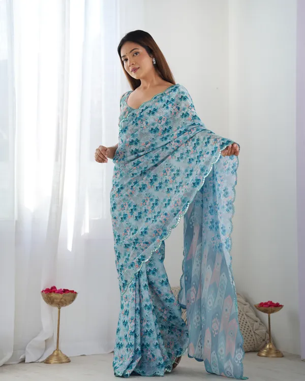 Premium Chinon Saree with Mirror Lace Border