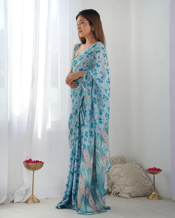 Premium Chinon Saree with Mirror Lace Border