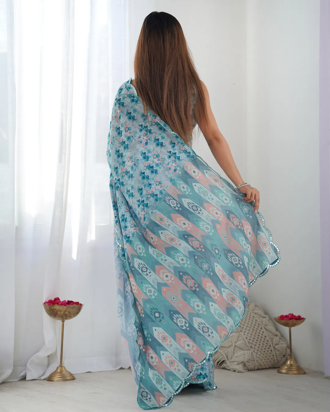 Premium Chinon Saree with Mirror Lace Border