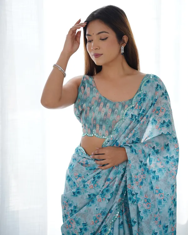 Premium Chinon Saree with Mirror Lace Border