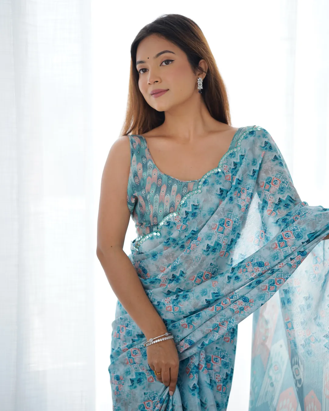 Premium Chinon Saree with Mirror Lace Border
