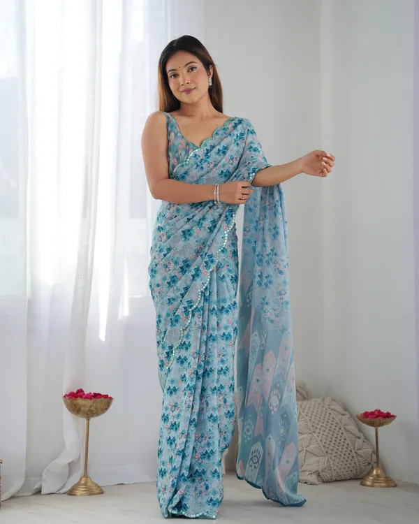 Premium Chinon Saree with Mirror Lace Border