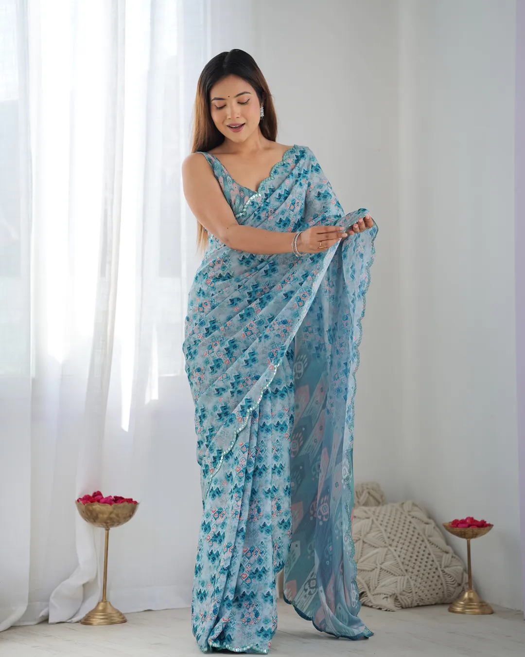 Premium Chinon Saree with Mirror Lace Border