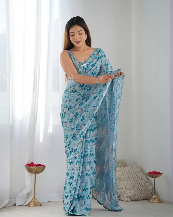 Premium Chinon Saree with Mirror Lace Border