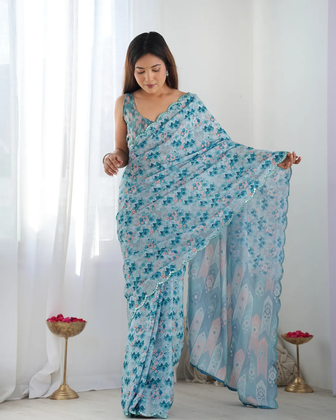 Premium Chinon Saree with Mirror Lace Border
