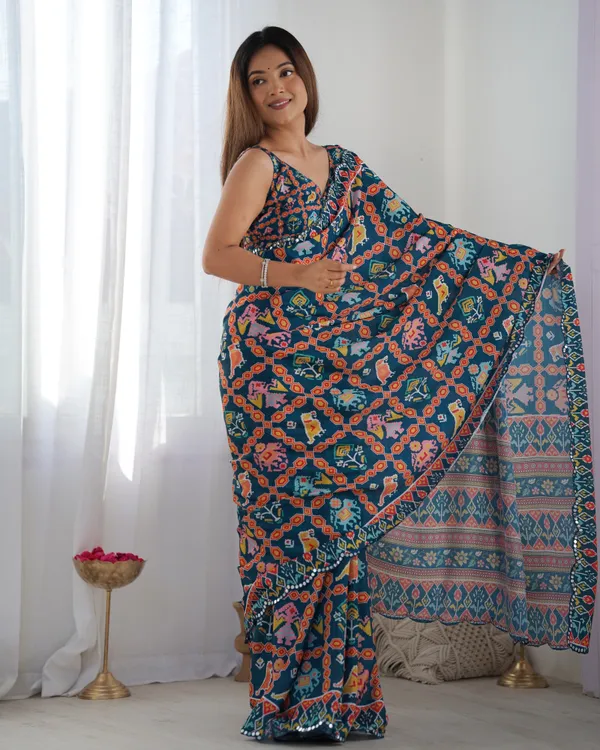 Teal Printed Chinon Saree with Mirror Lace Border Online