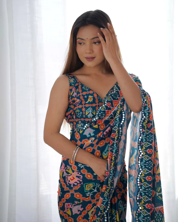 Teal Printed Chinon Saree with Mirror Lace Border Online