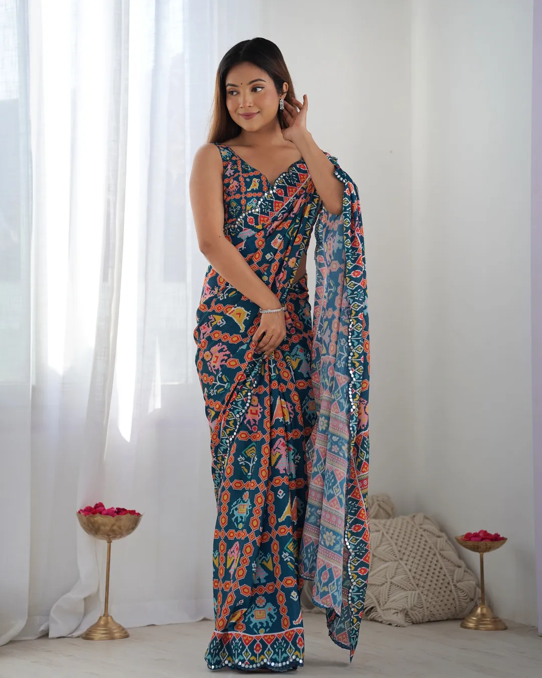Teal Printed Chinon Saree with Mirror Lace Border Online