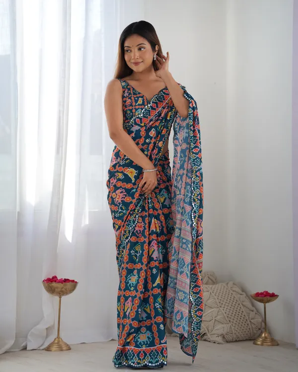 Teal Printed Chinon Saree with Mirror Lace Border Online