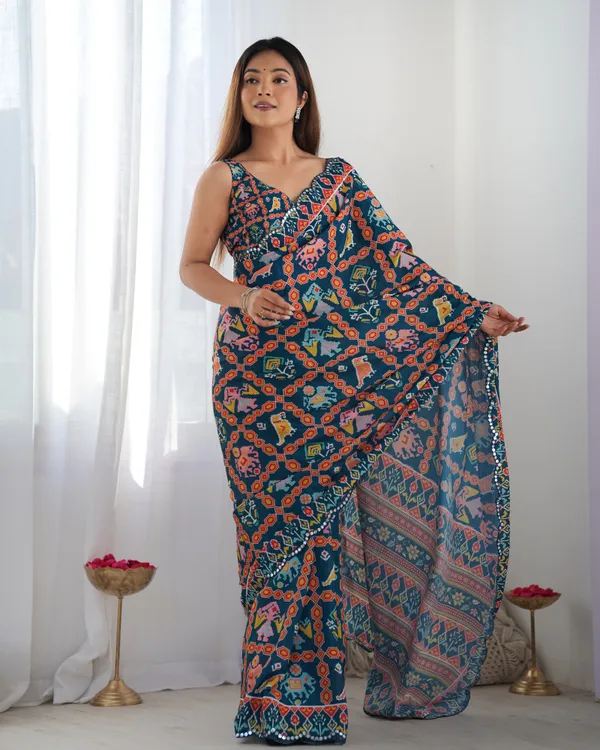 Teal Printed Chinon Saree with Mirror Lace Border Online
