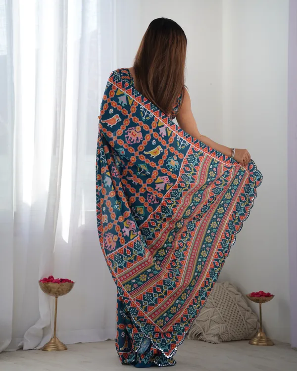 Teal Printed Chinon Saree with Mirror Lace Border Online