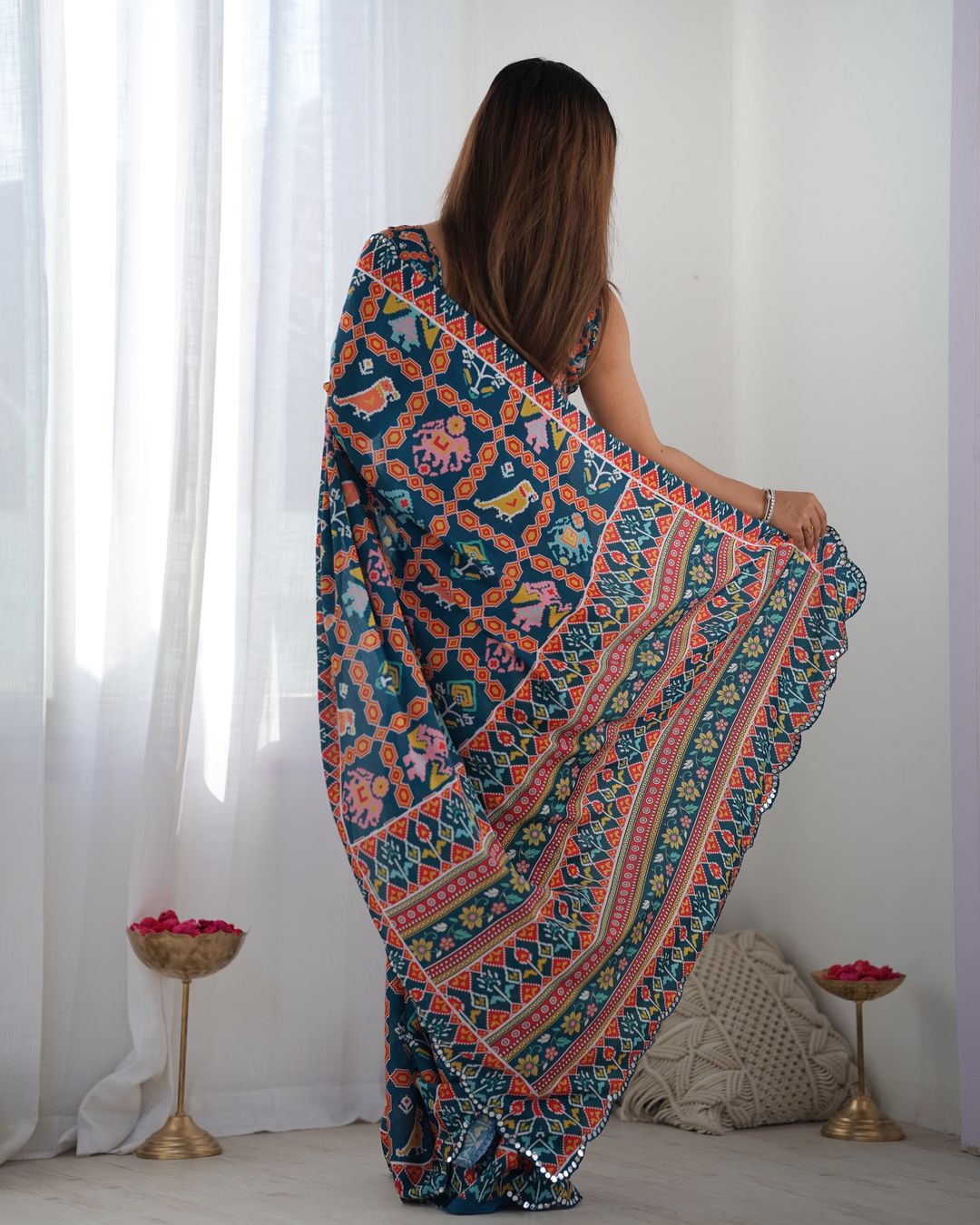 Teal Printed Chinon Saree with Mirror Lace Border Online