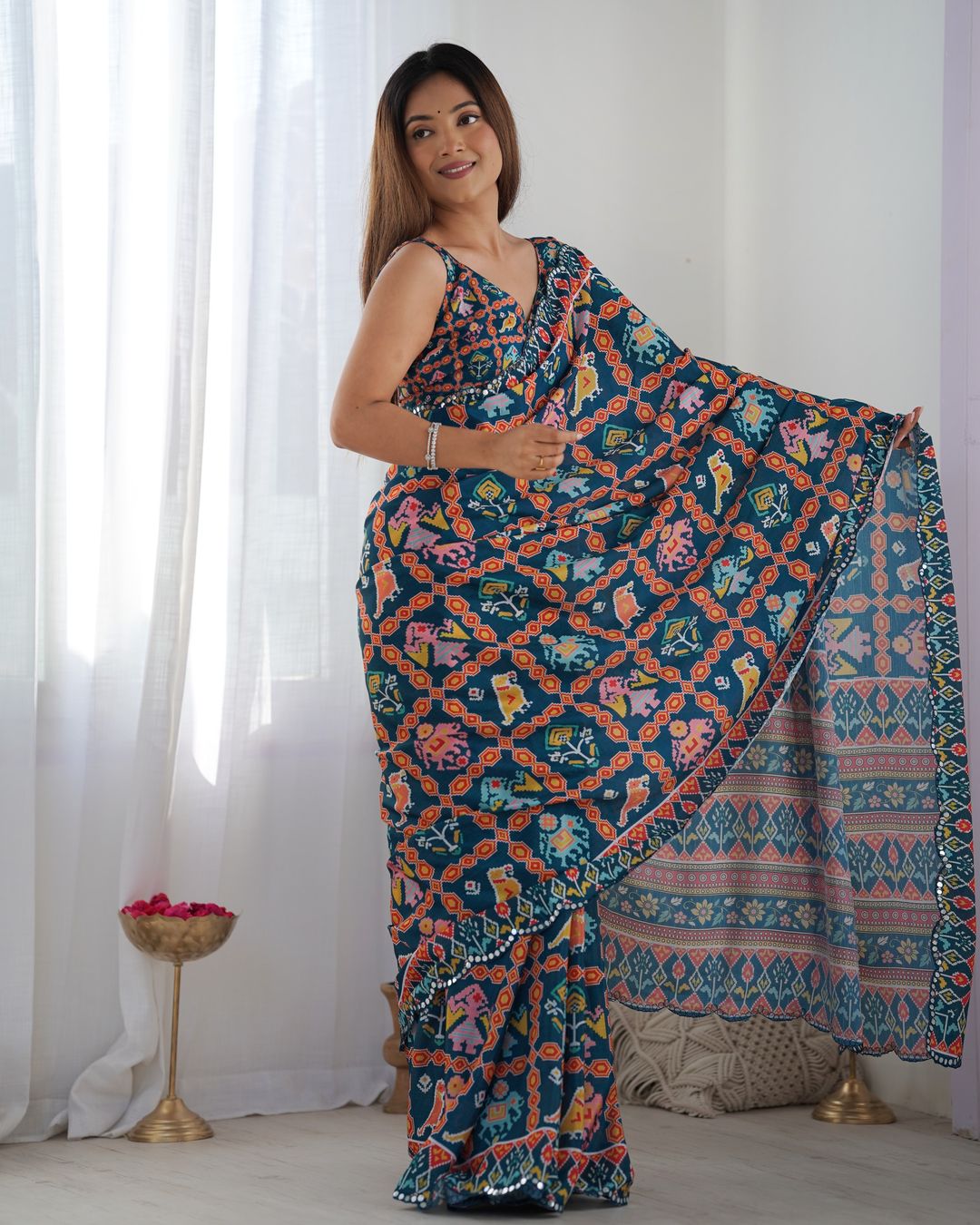 Teal Ethnic Print Chinon Saree with Mirror Border