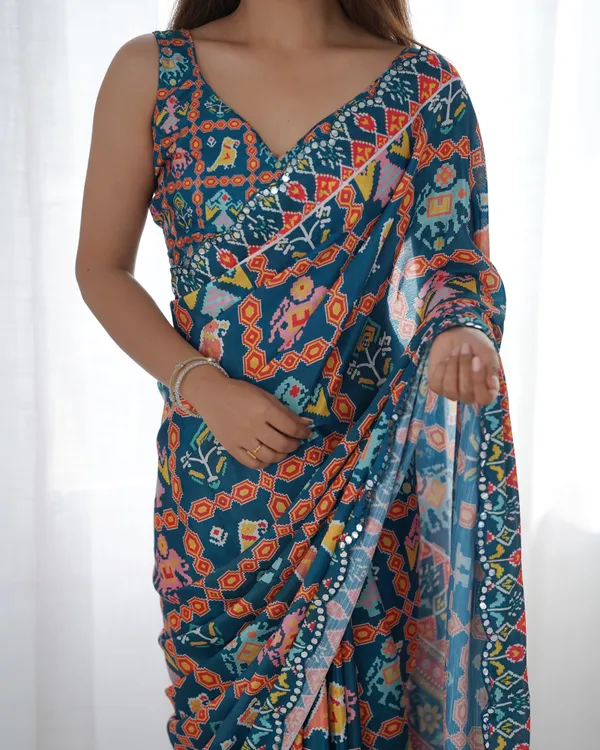 Teal Ethnic Print Chinon Saree with Mirror Border