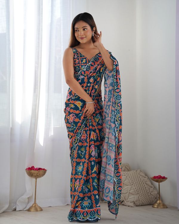 Teal Ethnic Print Chinon Saree with Mirror Border