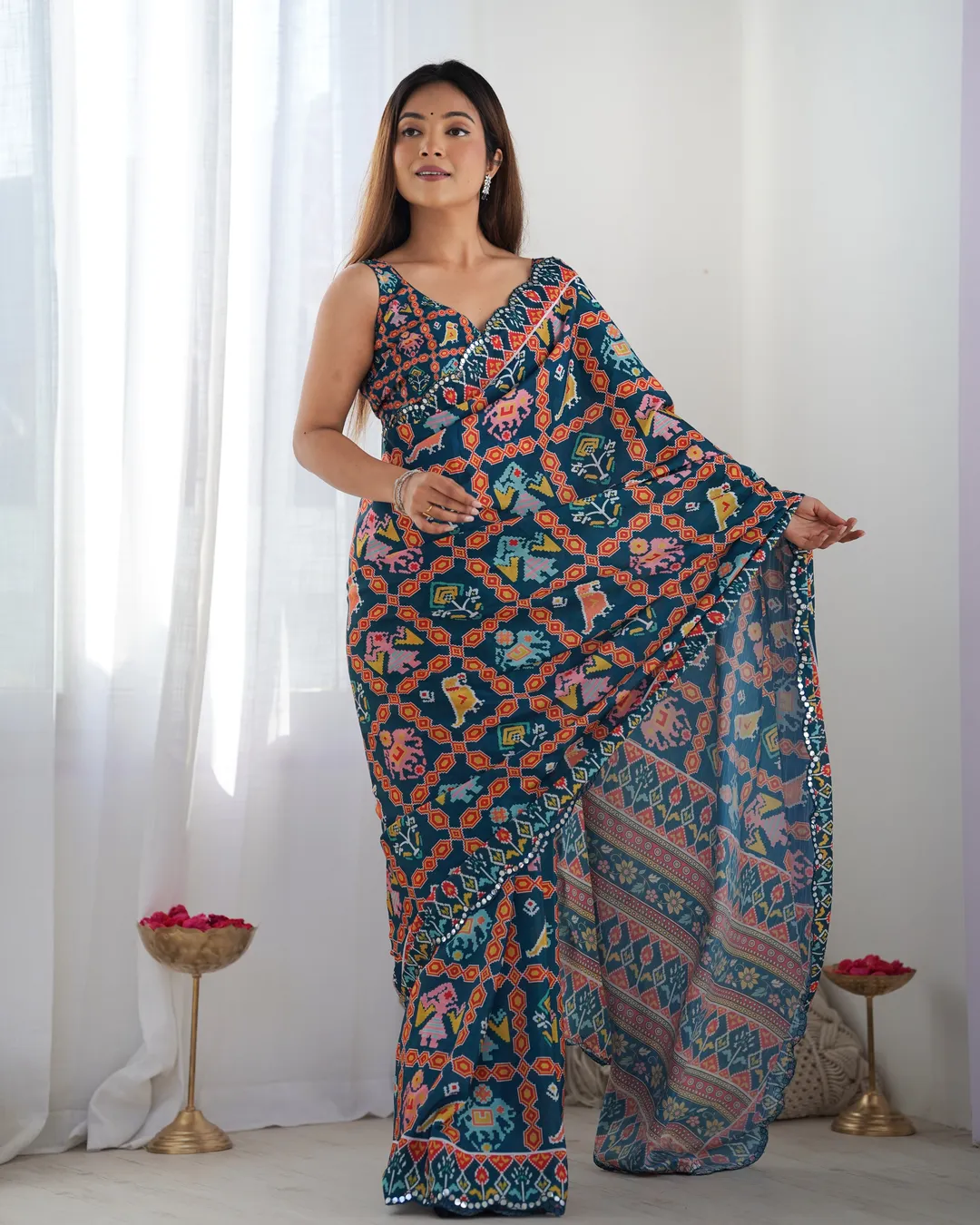 Teal Ethnic Print Chinon Saree with Mirror Border