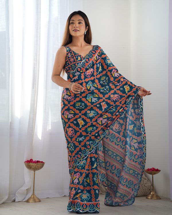 Teal Ethnic Print Chinon Saree with Mirror Border