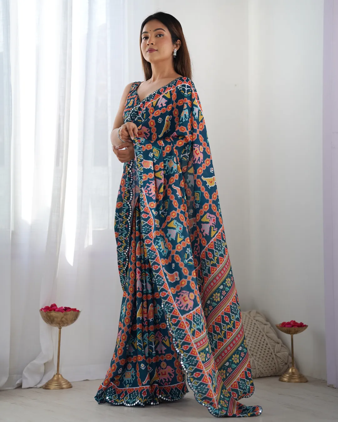 Teal Ethnic Print Chinon Saree with Mirror Border
