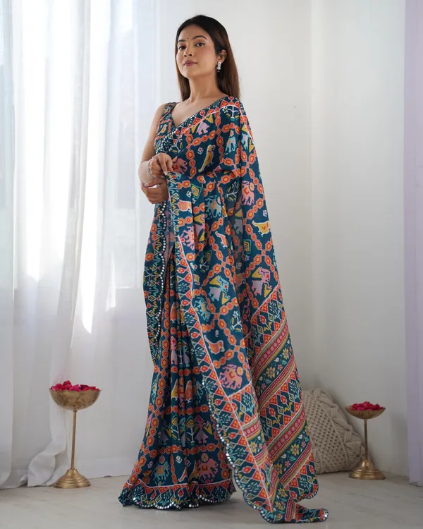 Teal Ethnic Print Chinon Saree with Mirror Border