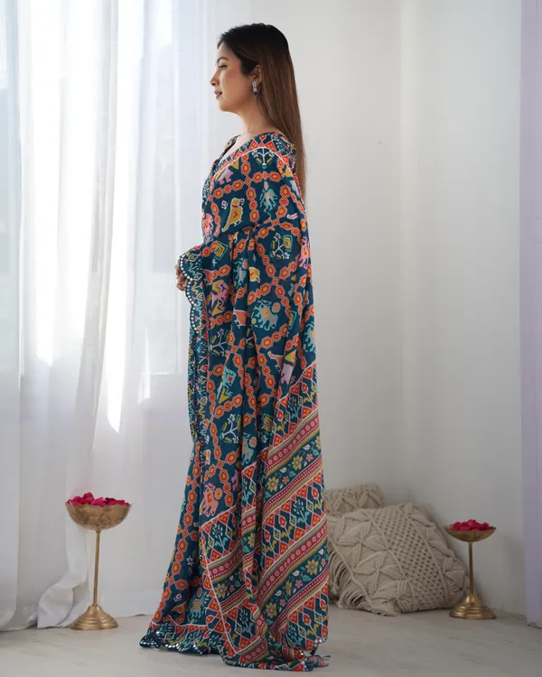 Teal Ethnic Print Chinon Saree with Mirror Border