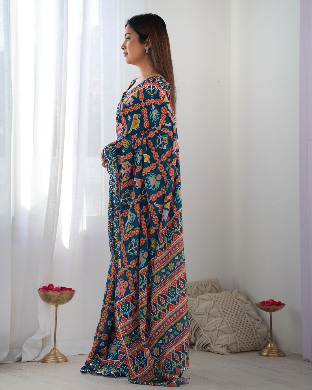 Teal Ethnic Print Chinon Saree with Mirror Border