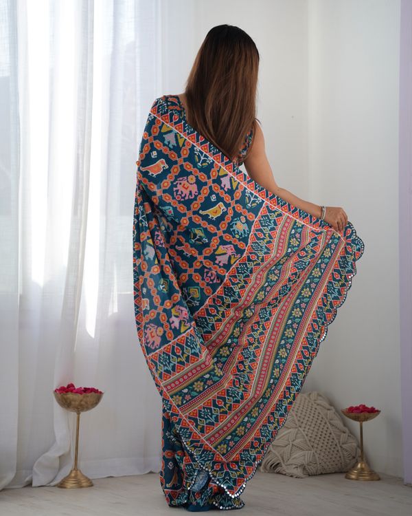 Teal Ethnic Print Chinon Saree with Mirror Border