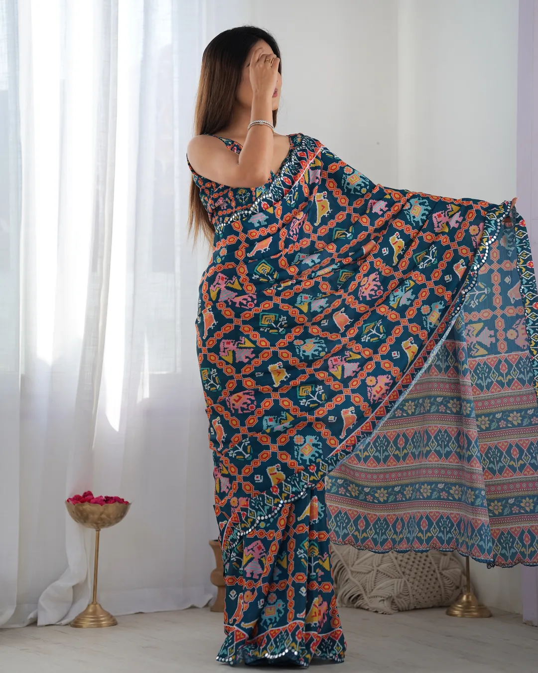 Teal Ethnic Print Chinon Saree with Mirror Border