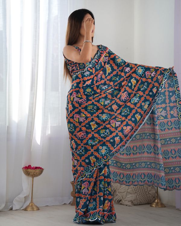 Teal Ethnic Print Chinon Saree with Mirror Border