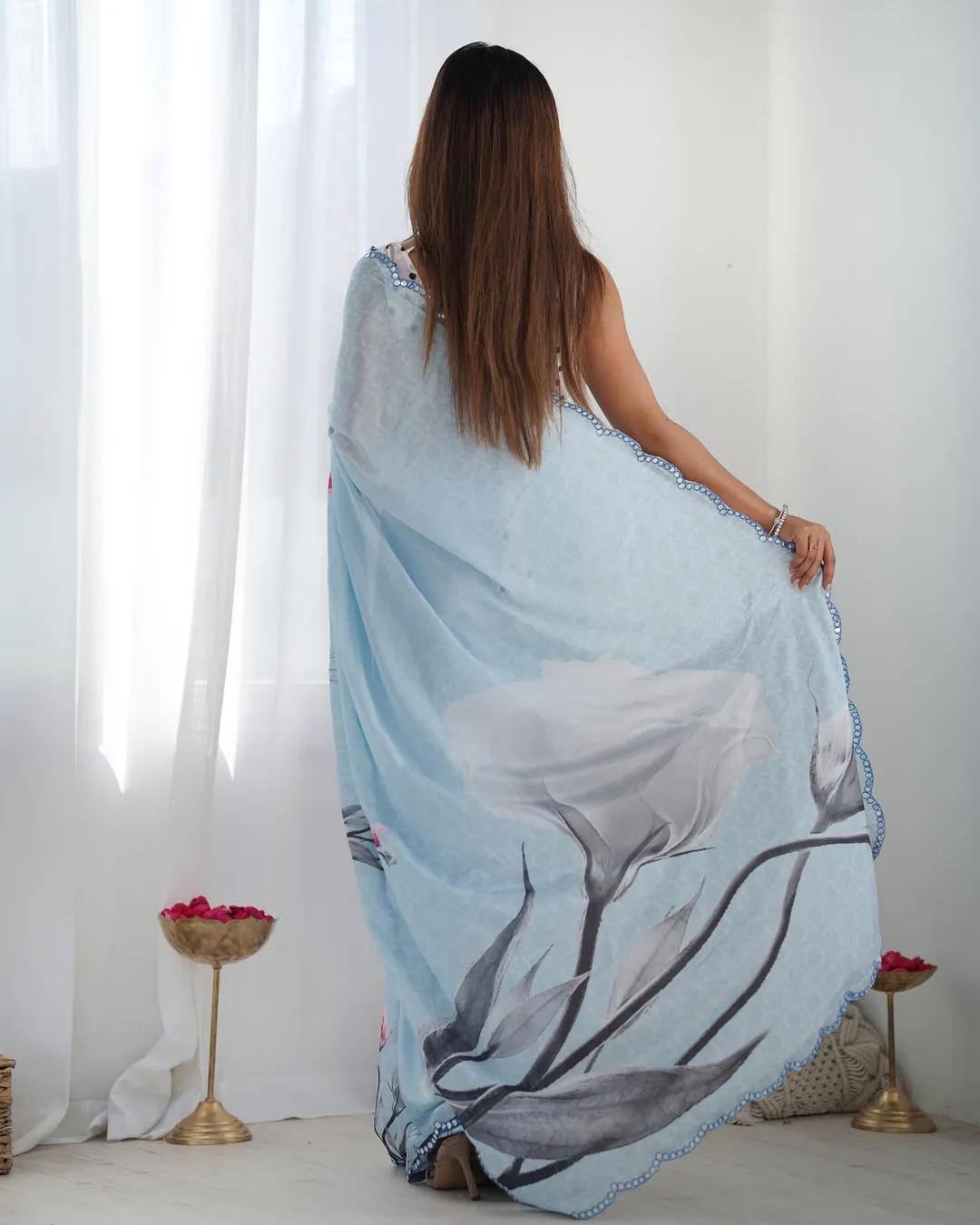 Elegant Sky Blue Chinon Saree with Mirror Work