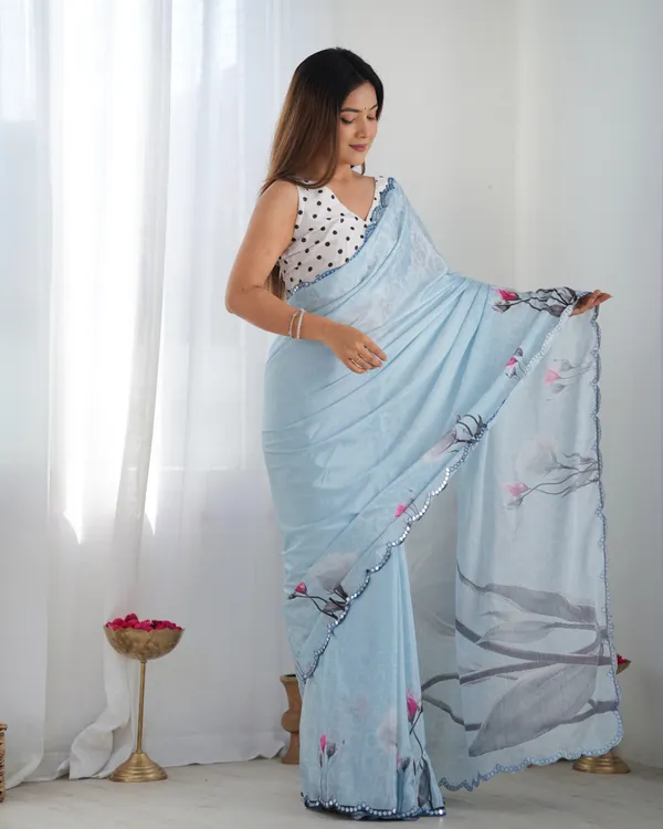 Elegant Sky Blue Chinon Saree with Mirror Work