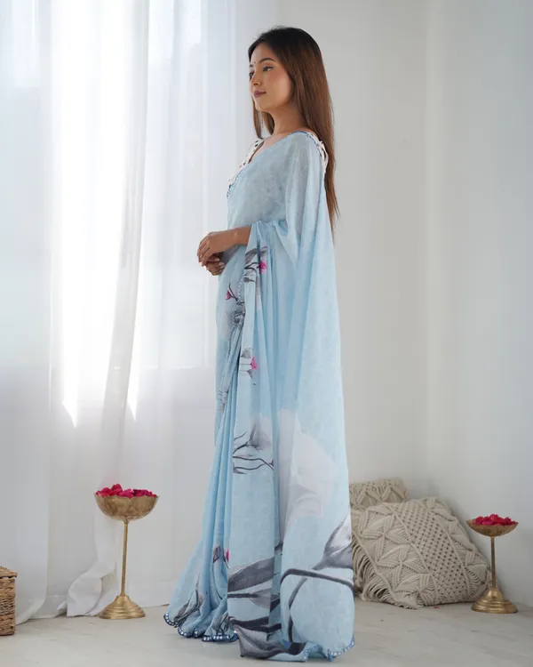 Elegant Sky Blue Chinon Saree with Mirror Work