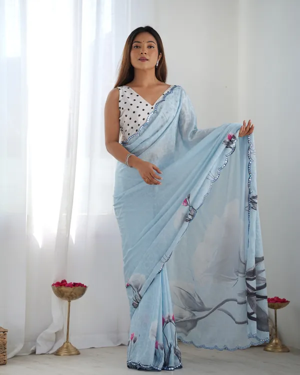 Elegant Sky Blue Chinon Saree with Mirror Work