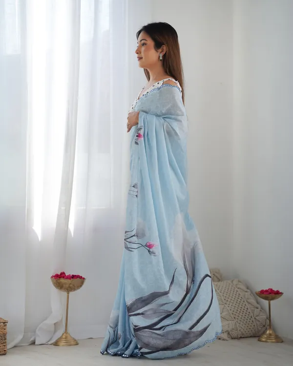 Elegant Sky Blue Chinon Saree with Mirror Work
