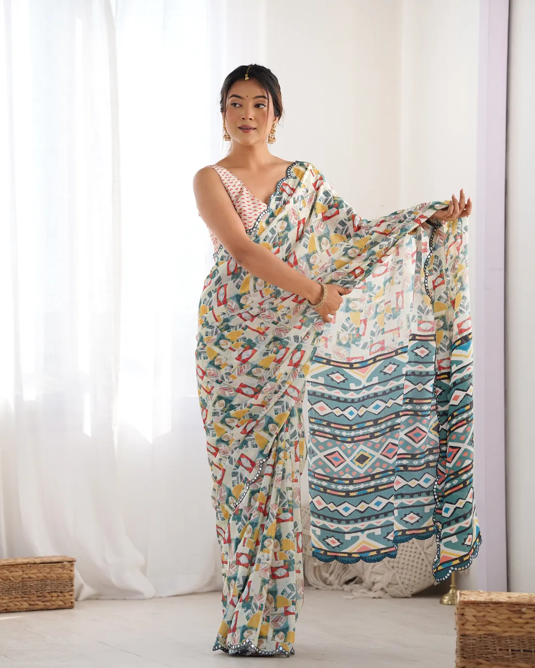 Ivory Ethnic Print Chinon Saree for Women