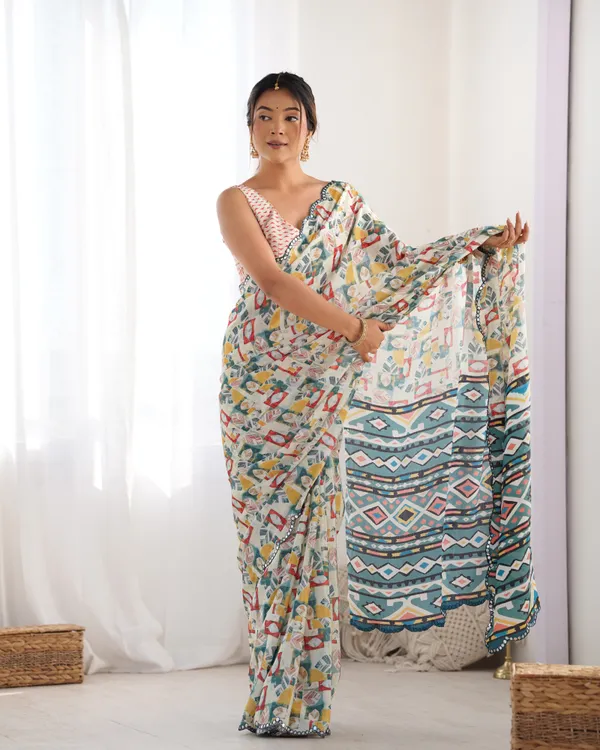Ivory Ethnic Print Chinon Saree for Women
