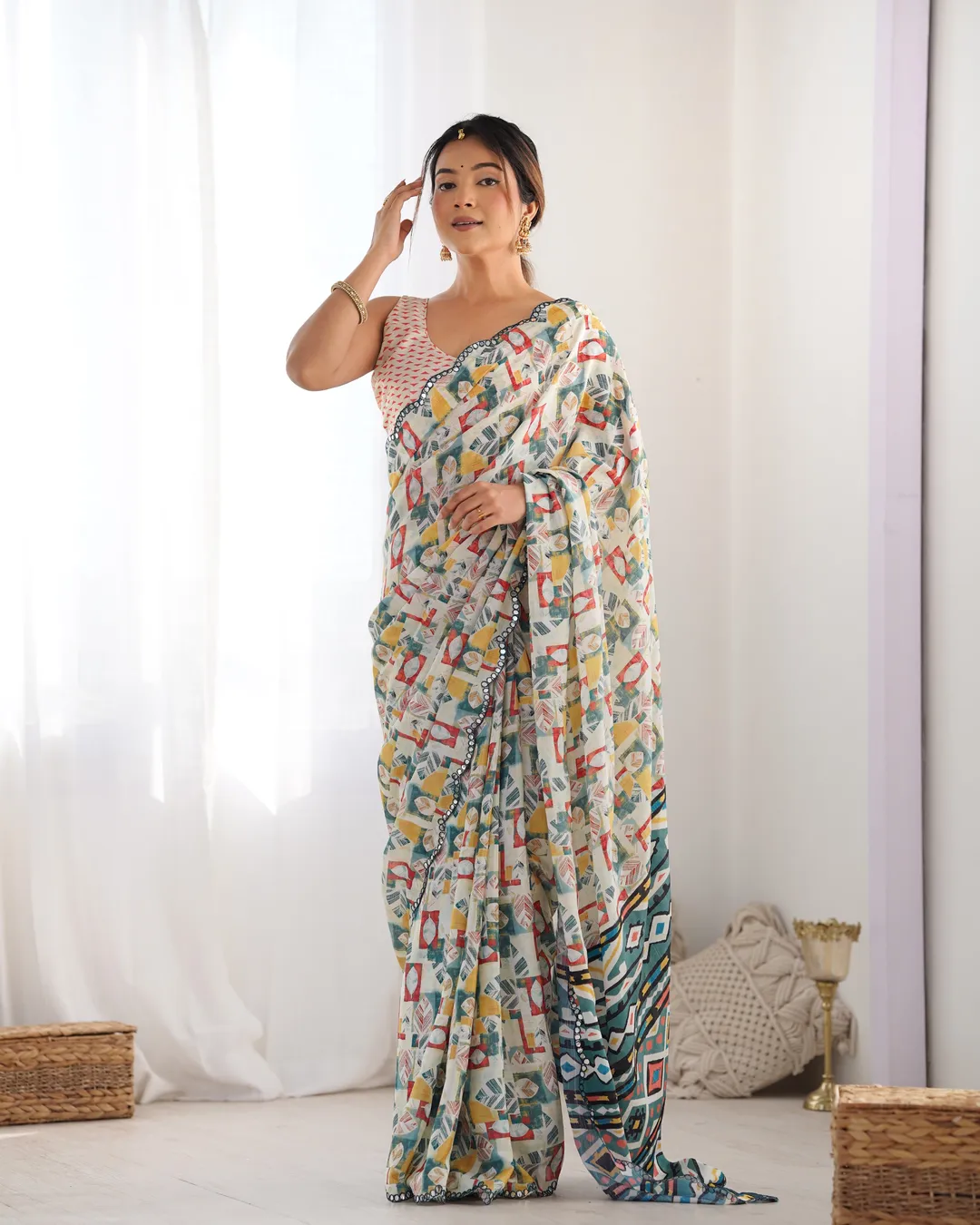 Ivory Ethnic Print Chinon Saree for Women