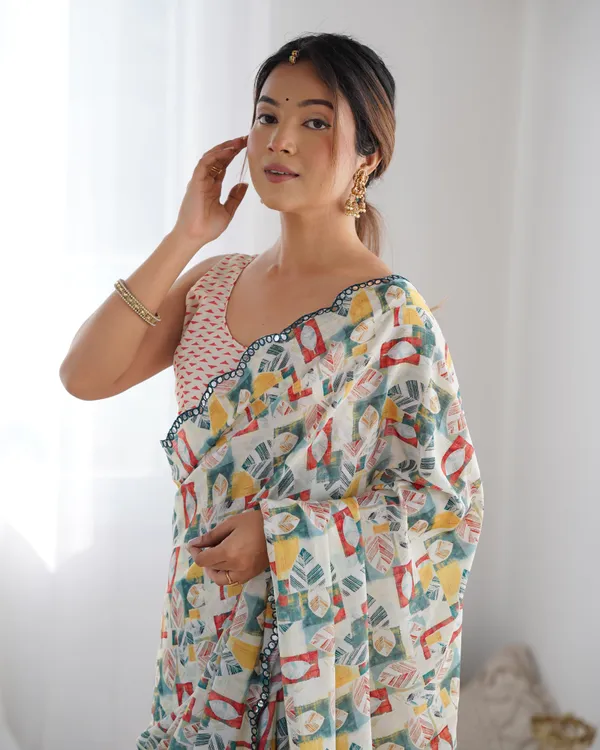 Ivory Ethnic Print Chinon Saree for Women