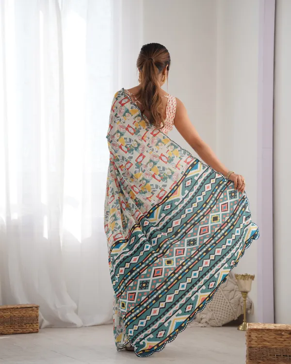 Ivory Ethnic Print Chinon Saree for Women