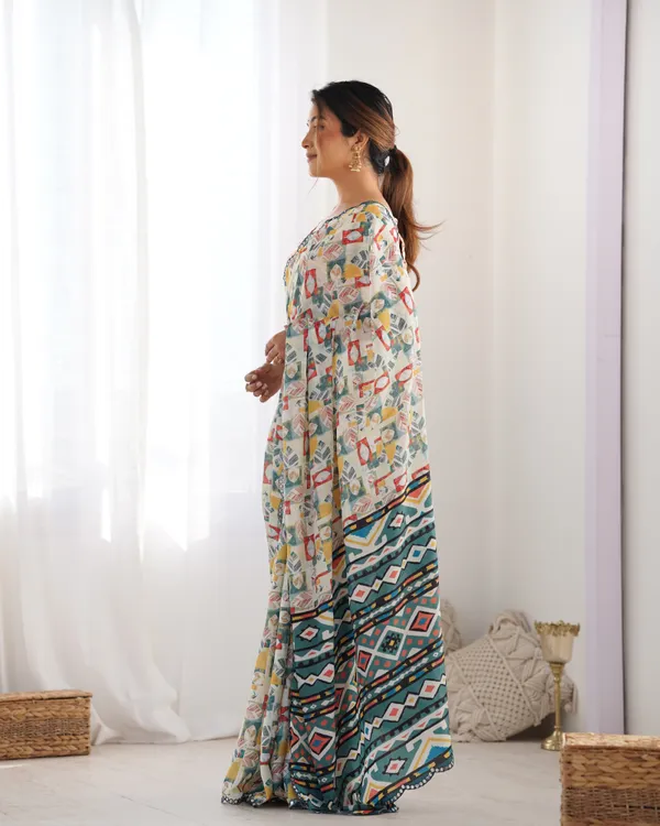 Ivory Ethnic Print Chinon Saree for Women
