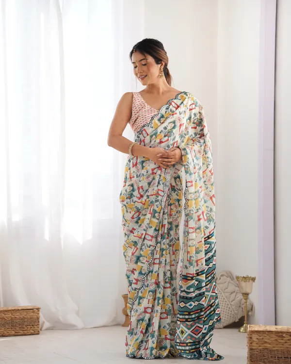 Ivory Ethnic Print Chinon Saree for Women
