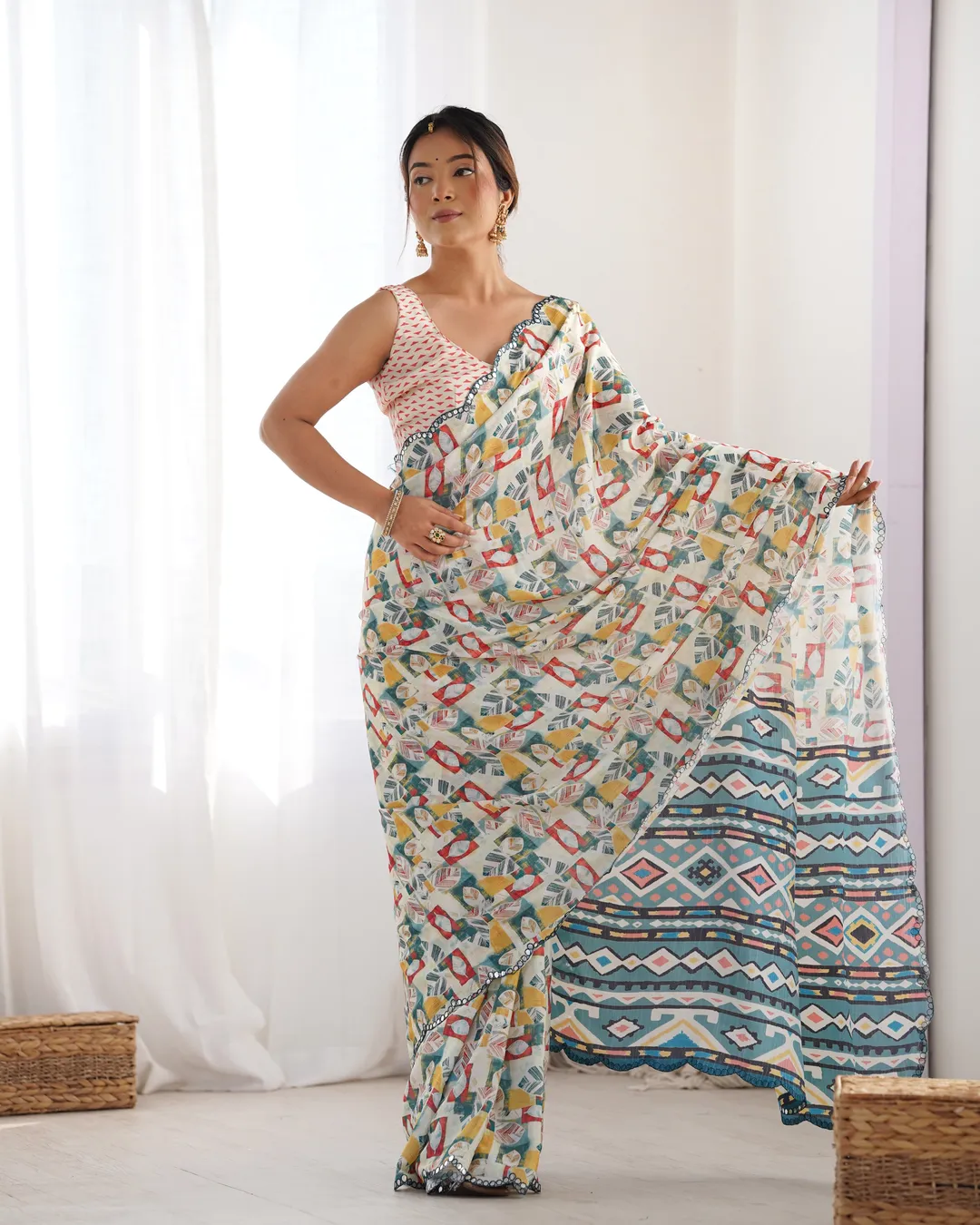 Ivory Ethnic Print Chinon Saree for Women
