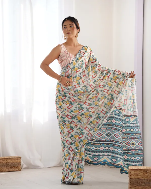Ivory Ethnic Print Chinon Saree for Women
