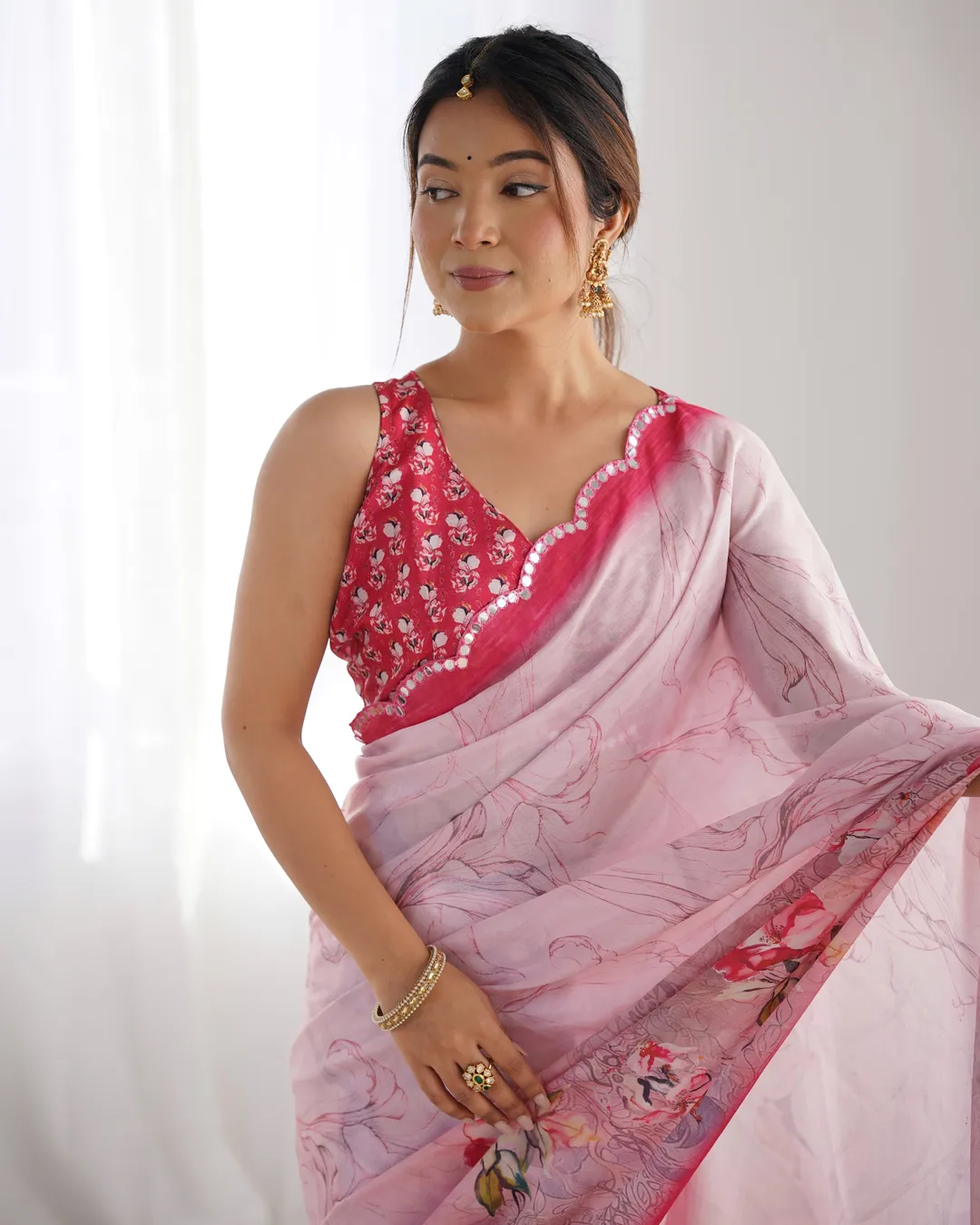 Soft Pink Floral Chinon Saree for Women