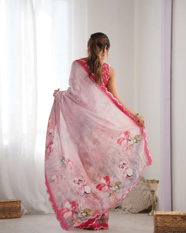 Soft Pink Floral Chinon Saree for Women