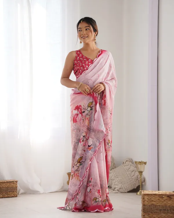 Soft Pink Floral Chinon Saree for Women