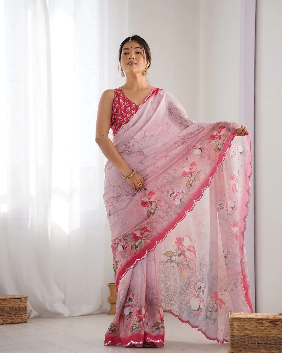 Soft Pink Floral Chinon Saree for Women